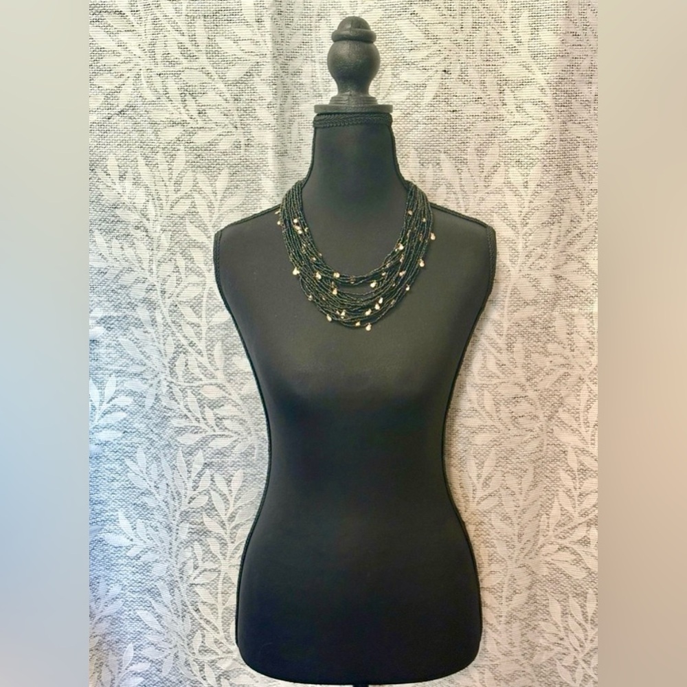 Handmade Black Multi-Strand Necklace with Gold Accents and Rhinestone End